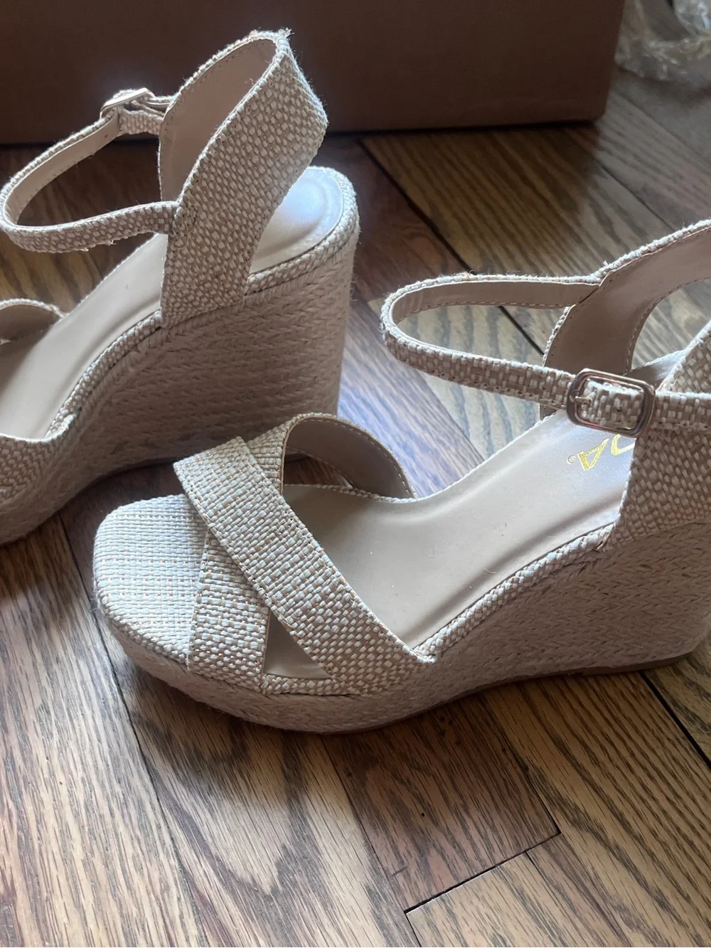Soda Beige Woven Ankle-Strap Wedge Sandals 8.5